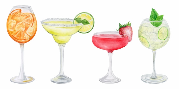 Alcohol cocktail collection watercolor illustration drinks cli