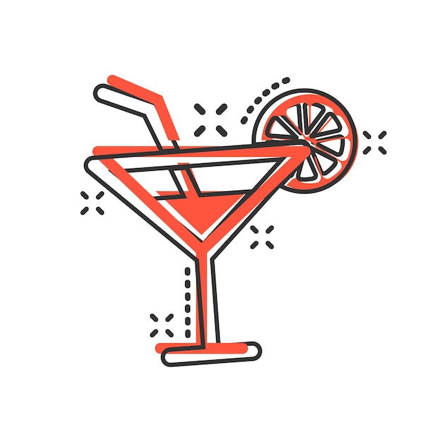 Alcohol cocktail icon in comic style Drink glass vector cartoon illustration on white isolated background Martini liquid business concept splash effect