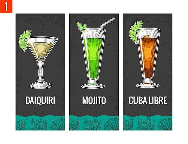 Alcohol cocktail set daiquiri mojito cuba libre vintage vector engraving illustration for web poster menu invitation to summer beach party isolated on dark background