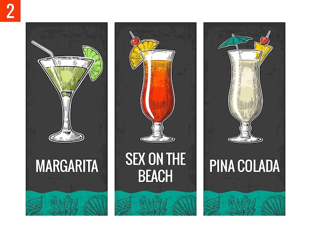 Набор алкогольных коктейлей маргарита секс на пляже пина колада винтажная векторная гравировка иллюстрация для меню веб-плаката приглашение на летнюю пляжную вечеринку изолированный на темном фоне