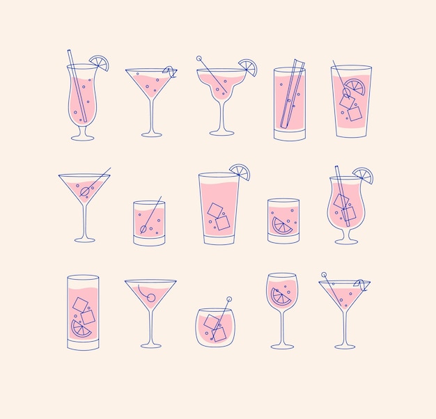 Alcohol drankjes en cocktails pictogrammenset in platte lijnstijl op beige background