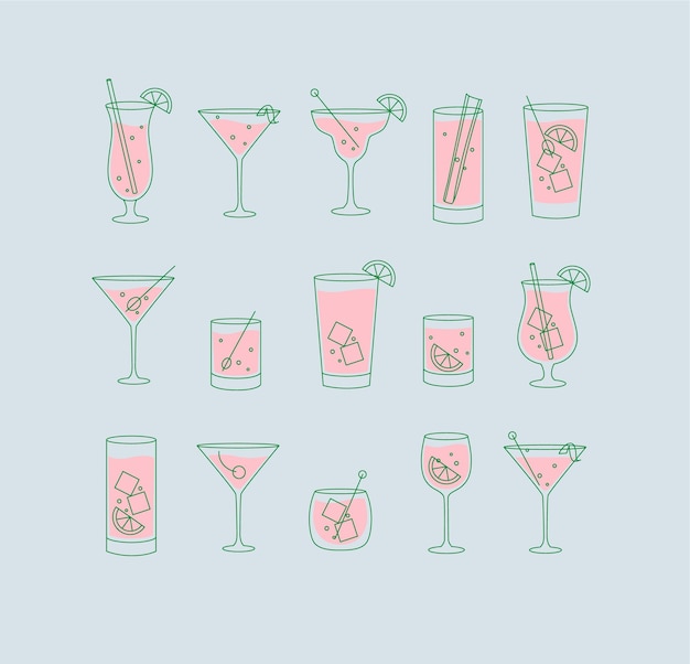 Alcohol drankjes en cocktails pictogrammenset in platte lijnstijl op lichtblauwe achtergrond