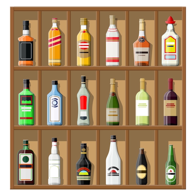 Vector alcohol drinks collection. bottles on shelf