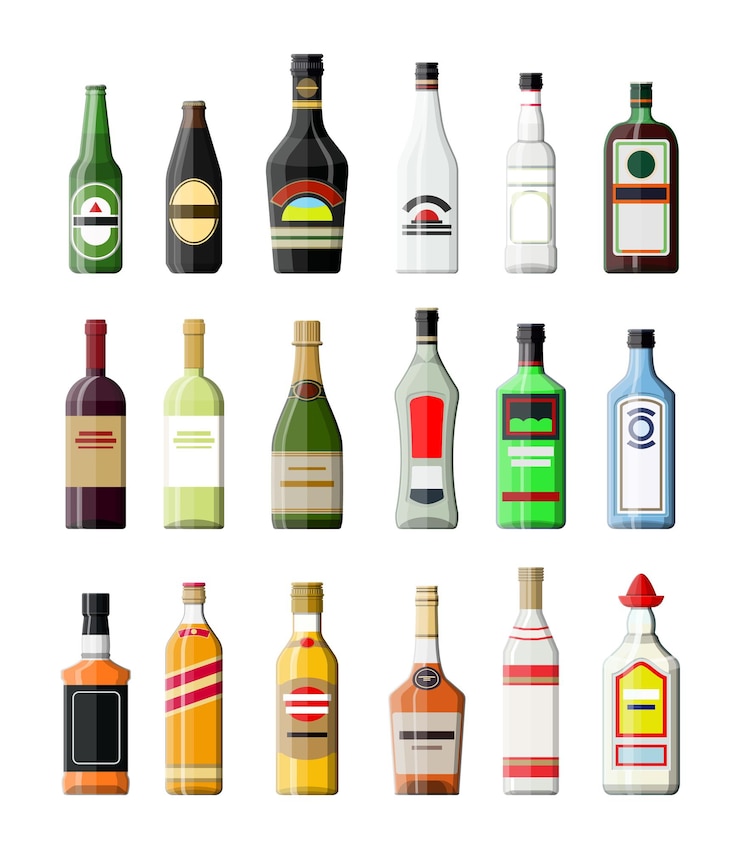 Vector alcohol drinks collection. bottles with vodka champagne wine whiskey beer brandy tequila cognac liquor vermouth gin rum absinthe sambuca cider bourbon..