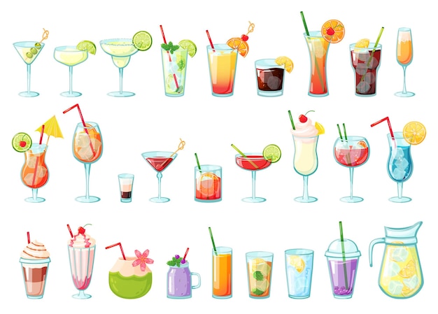 Vector alcohol drinks collection, colored cocktails with straw and umbrella