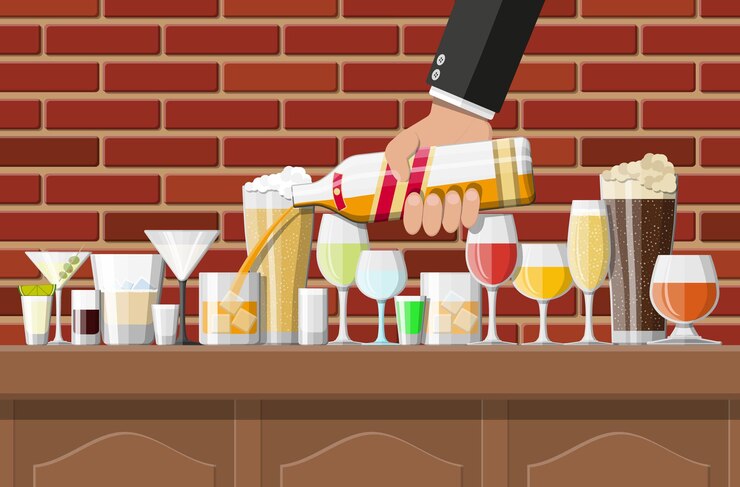 Vector alcohol drinks collection in glasses in bar illustration