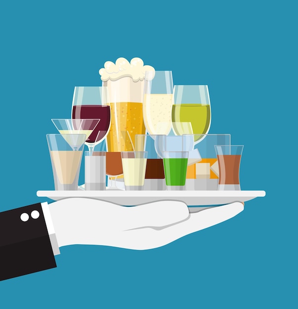 Vector alcohol drinks collection in tray of waiter