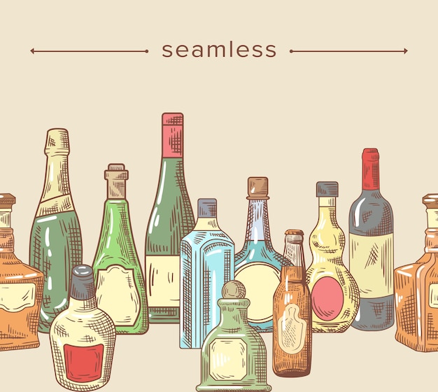 Boccette di bevande alcoliche, modello senza cuciture con bottiglie di scarabocchio di varie forme vodka, rum, birra, cornice di schizzo di whisky