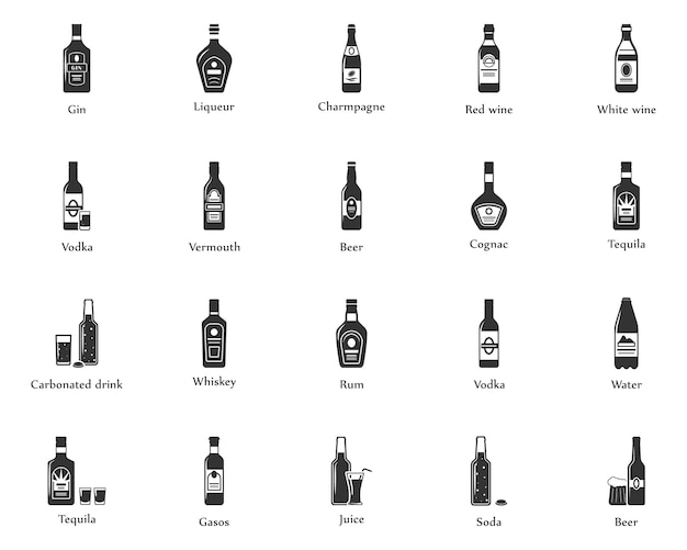 Vector alcohol drinks icon set. bottles, glasses for restaurants and bars.