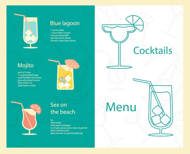 Alcohol drinks menu Bar brochure for cafe or restaurant Vector illustration with lineart elements