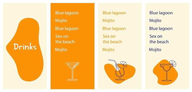 Vector alcohol drinks menu bar brochure for cafe or restaurant vector illustration with lineart elements