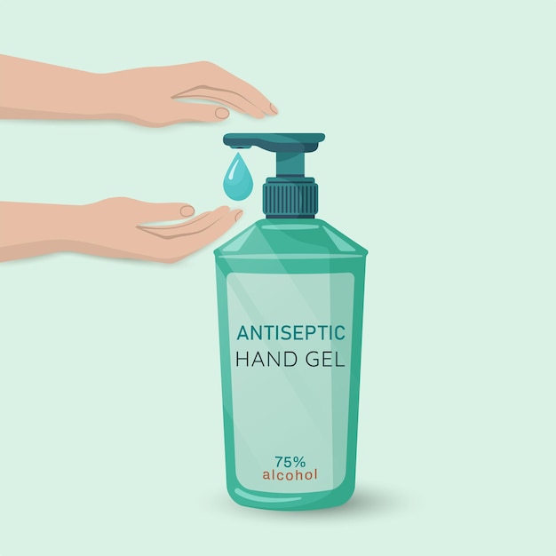 Alcohol hygienic gel liquid antiseptic soap for hands Sanitizer to protect against germs bacteria and viruses Skin care Antibacterial formulaVector illustration for medical design