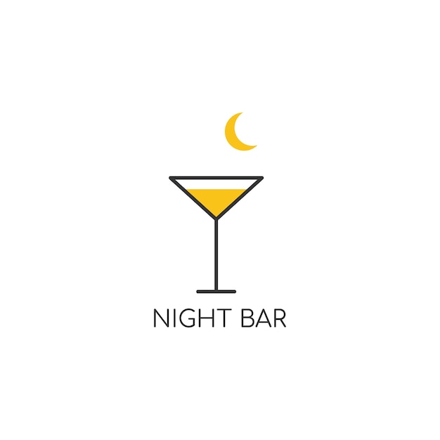 Alcohol logo. Logo for a bar, shop, restaurant. A glass of martini with yellow liquid on a white background with a crescent moon with the words "night bar". Vector illustration symbol.