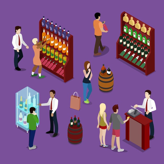 Alcohol shop interior with wine bottles, customers and seller