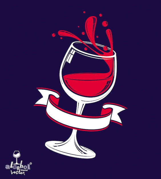 Alcohol theme vector art illustration. 3d realistic wine goblet with splatter and simple classic festive ribbon, party and celebration idea design object.