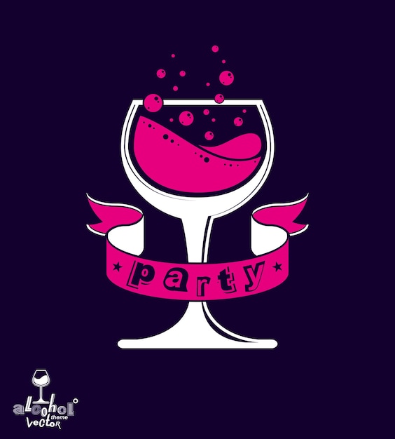 Alcohol theme vector art illustration. Festive goblet with decorative wavy ribbon, party and celebration idea design object placed over dark backdrop.