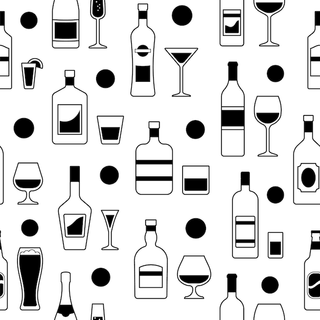 Alcoholflessen en glazen naadloos patroon Set zwarte pictogrammen dranken platte lijn ontwerp