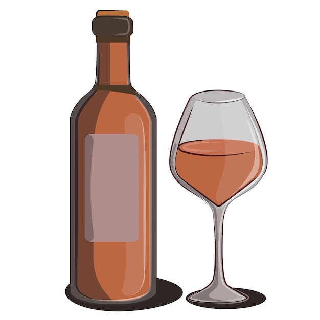 와인잔 플랫 벡터 최소 오렌지 와인의 알코올 병은 restorans 및 바 메뉴를 위해 흰색으로 분리되어 있습니다.
