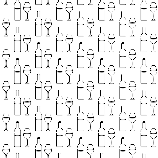 Alcoholic bottle of wine wineglass pattern line art vector minimalistic black and white