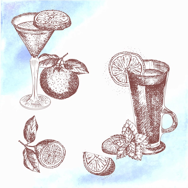 Vettore bevanda alcolica cocktail disegnato a mano schizzo arte su sfondo acquerello vodka whisky vino design vintage per bar ristorante caffetteria menu volantino banner poster incisione stile vettoriale