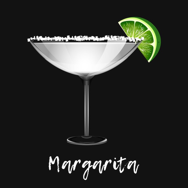 Вектор Алкогольный коктейль маргарита на черном фоне барный напиток в стакане для меню векторная иллюстрация