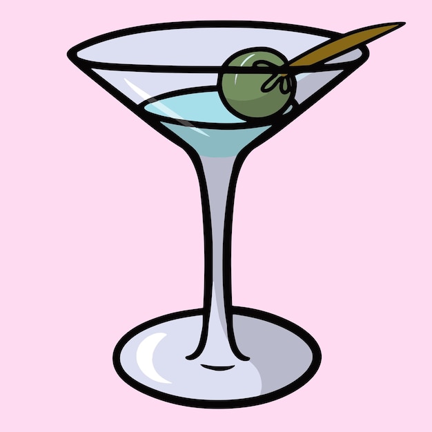 Alcoholic cocktail with olive in a glass wine glass cartoon vector illustration