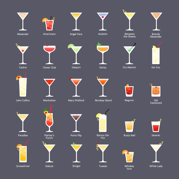 Alcoholic cocktails IBA official cocktails The Unforgettables set in flat style on dark background