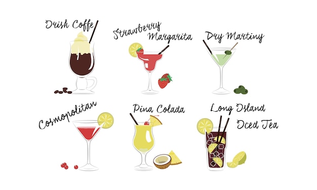 Vector alcoholic cocktails set irish coffee strawberry margarita dry martini cosmopolitan pina colada long