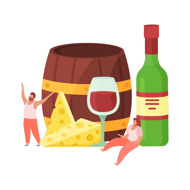 Alcoholic drinks cocktails flat composition with wood barrel bottle of wine with glasses and human characters vector illustration