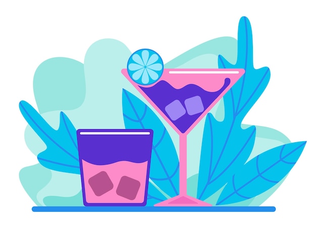 Alcoholic drinks, cocktails in glasses on a blue background. Bright flat design.