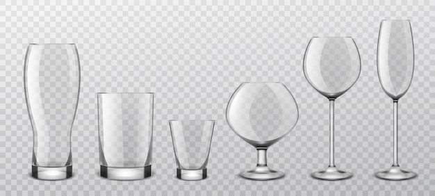 Vector alcoholic drinks realistic glass glasses. realistic alcohol cocktail, wine crystal stemware, beer goblet and strong drink shot. empty utensils for liquids vector isolated on transparent background set