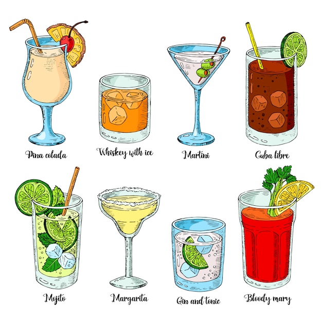 Alcoholic drinks set. Set of isolated colorful sketch cocktails.