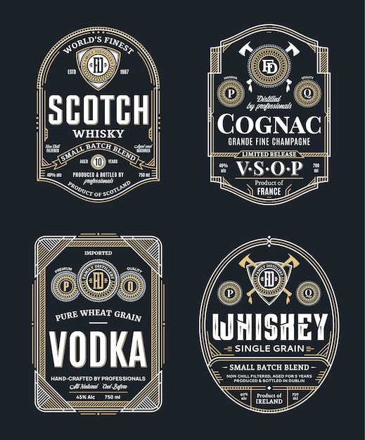 Alcoholic drinks vintage thin line labels