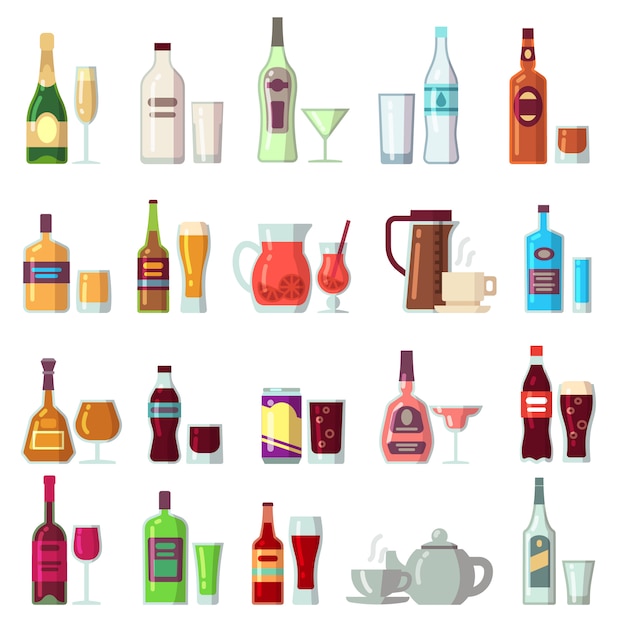 Vector alcoholic and soft drinks. beverages in glass and bottles