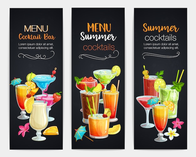 Vector alcoholische cocklails-banners. zomerstrand alcoholische dranken. long island, bloody mary, margarita, mai tai, pina colada, blue lagoon