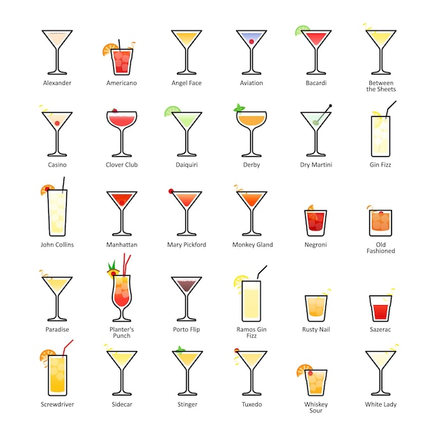 Alcoholische cocktails met titels. IBA officiële cocktails, The Unforgettables. Pictogrammen instellen in vlakke stijl op witte achtergrond. Vector