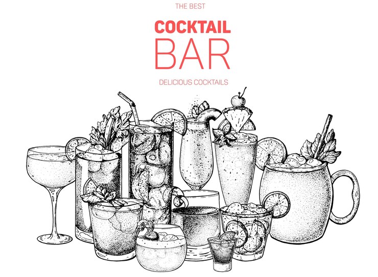 Vector alcoholische cocktails schets handgetekende vectorillustratie handgetekende drankjes cocktails set menu