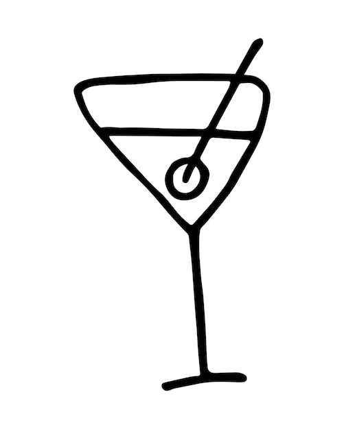 Alcoholische drank in een glas met een olijf op een tandenstoker doodle lineaire cartoon