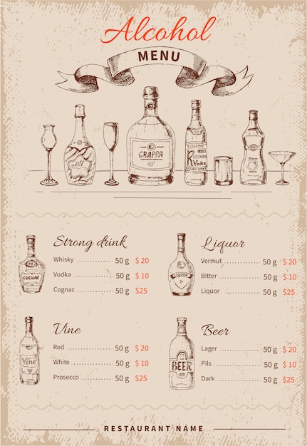 Alcoholische dranken handgetekende menu