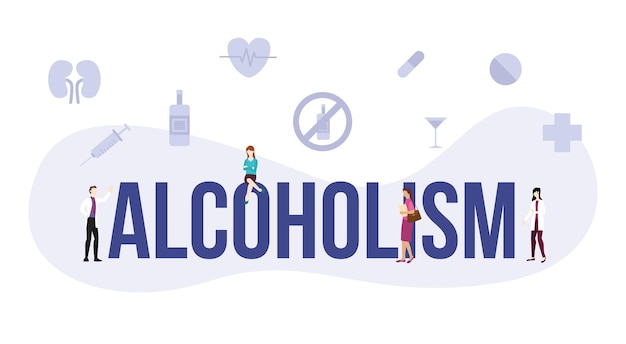 Alcoholism addiction concept with big word or text and people with modern flat style