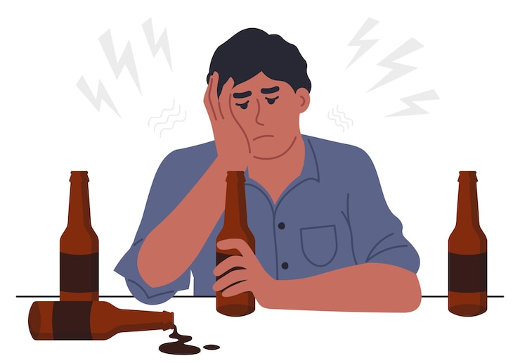 알코올 중독 개념 알코올 중독자 플랫 스타일의 맥주병 벡터 그림