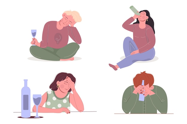 Alcoholism concept of women men sitting with bottle of alcohol