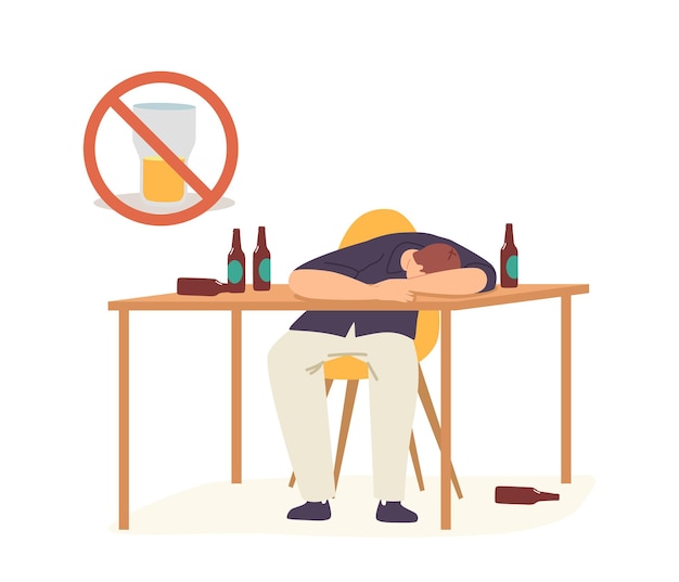 Alcoholisme concept. drunk man hangover syndrome als gevolg van alcoholverslaving. mannelijke karakter slapen op tafel met lege flessen rond. verderfelijke gewoonten, middelenmisbruik. cartoon vectorillustratie