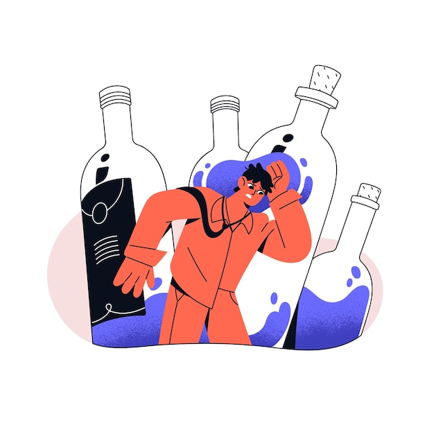 Vector alcoholisme problemen verslaving lineart concept verslaafde dronken man met kater droevige dronkaard lijdt aan wijnflessen overmatig alcoholmisbruik platte geïsoleerde vector illustratie op witte achtergrond