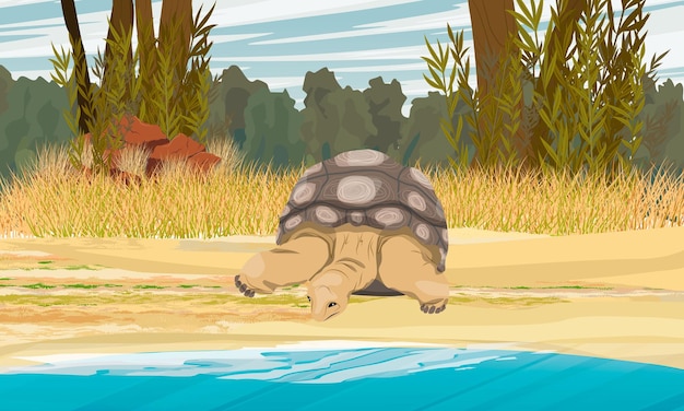 Vettore tartaruga gigante di aldabra sulla costa di un'isola tropicale. rettili delle isole