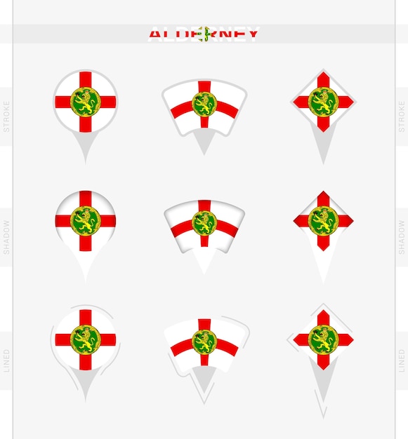 Alderney flag set of location pin icons of Alderney flag