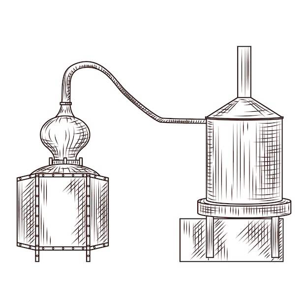 Alembic 새겨진된 스타일 흰색 배경에 고립입니다. 빈티지 스케치 개요를 닫습니다.