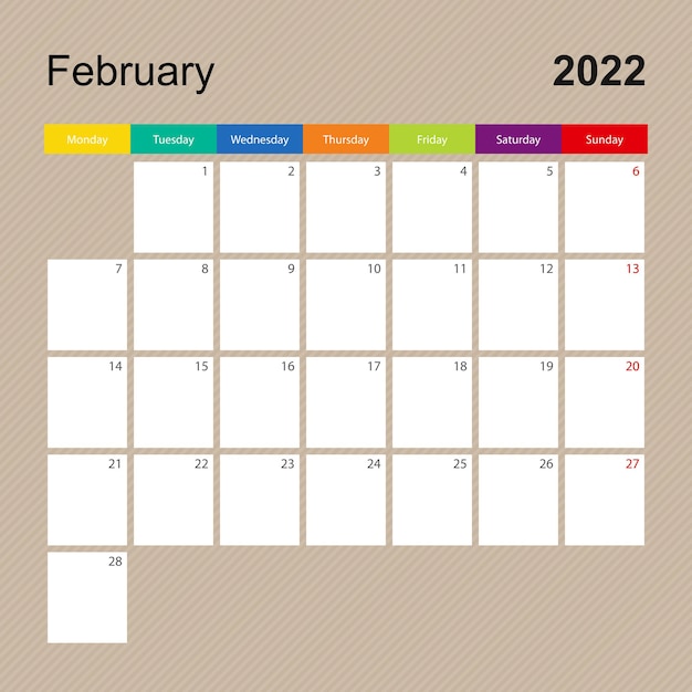 Ð pagina dell'agenda per febbraio 2022, pianificatore da parete con design colorato. la settimana inizia il lunedì.