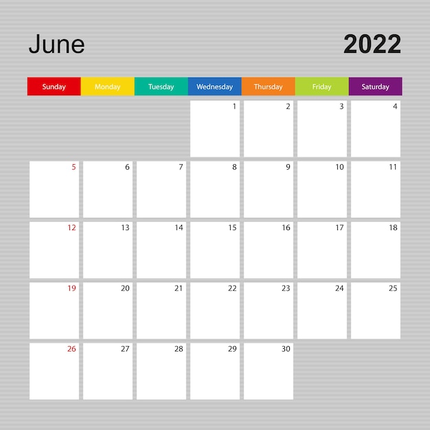 Ð¡alendar pagina voor juni 2022, wandplanner met kleurrijk design. Week begint op zondag.