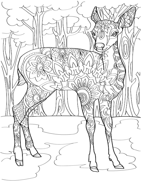 Alert deer standing in the middle of the forest colorless line drawing beautiful small doe stands